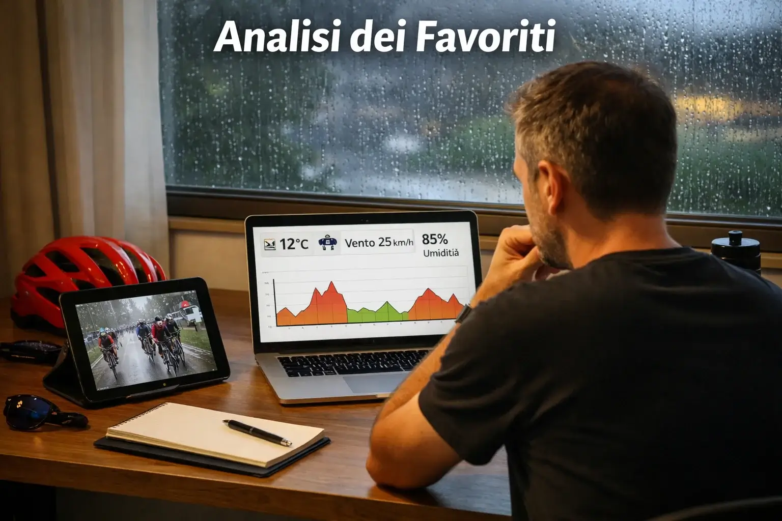 Persona che analizza dati meteo e percorsi delle classiche del ciclismo al computer