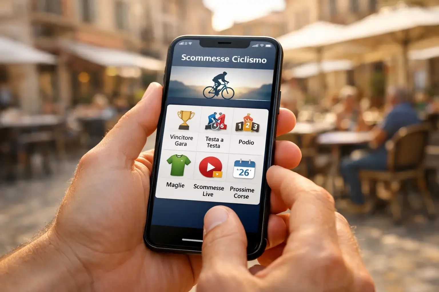 Mani che tengono smartphone con app scommesse ciclismo in piazza italiana