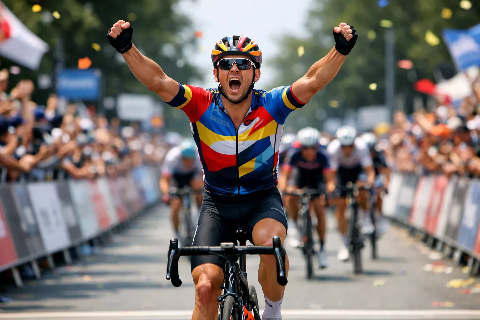 Ciclista professionista che taglia il traguardo di una tappa con le braccia alzate in segno di vittoria