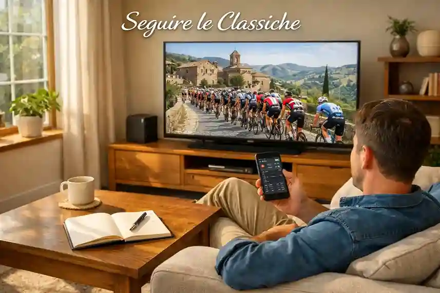 Persona che guarda una classica del ciclismo in TV nel salotto di casa con smartphone in mano
