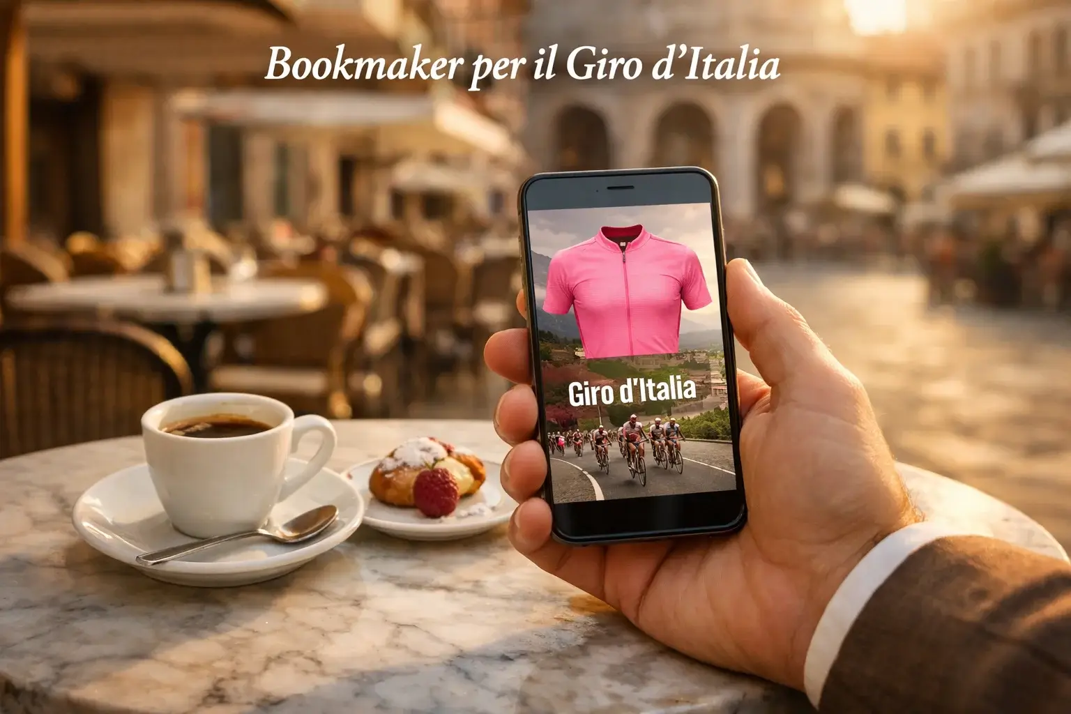 Smartphone con contenuti sul ciclismo in un tipico bar italiano per seguire il Giro d'Italia