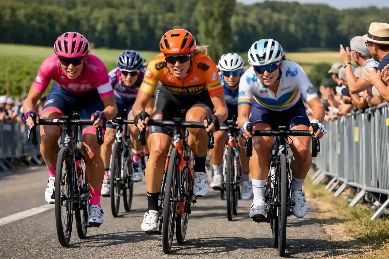 Gruppo di cicliste professioniste in gara durante una tappa del Tour de France Femmes su strada aperta