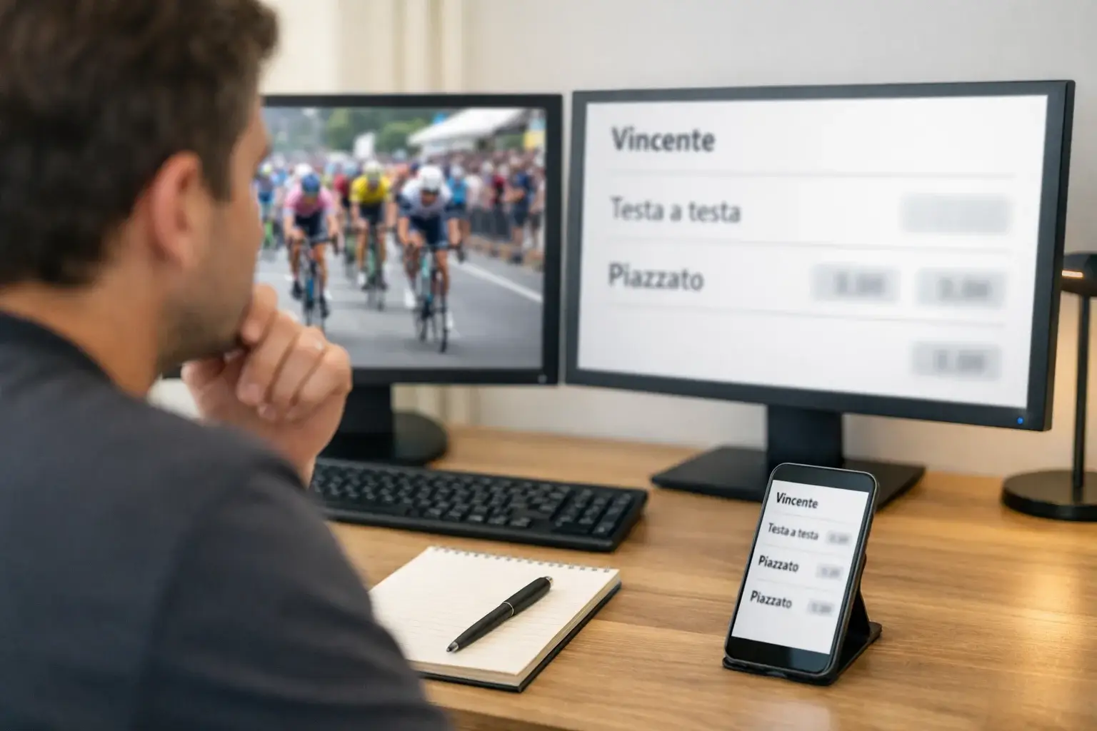 Postazione con doppio monitor per confronto quote tra diversi bookmaker per scommesse ciclismo