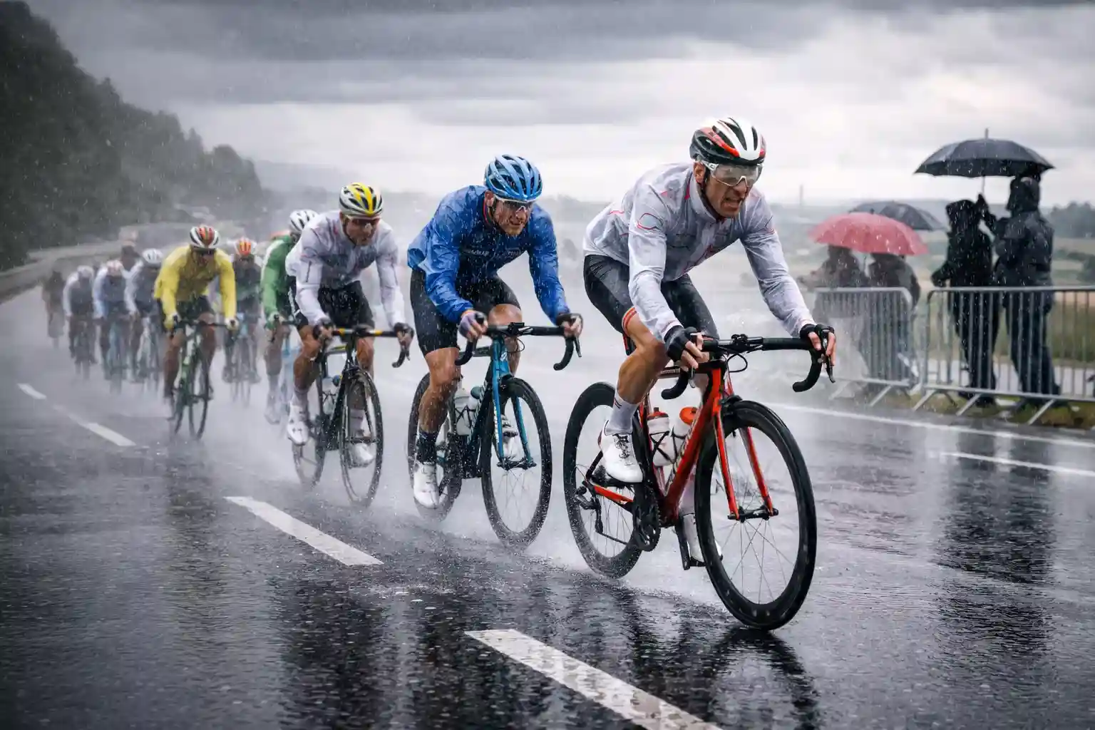 Gruppo di ciclisti sotto la pioggia battente durante una tappa di un grande giro su strada bagnata