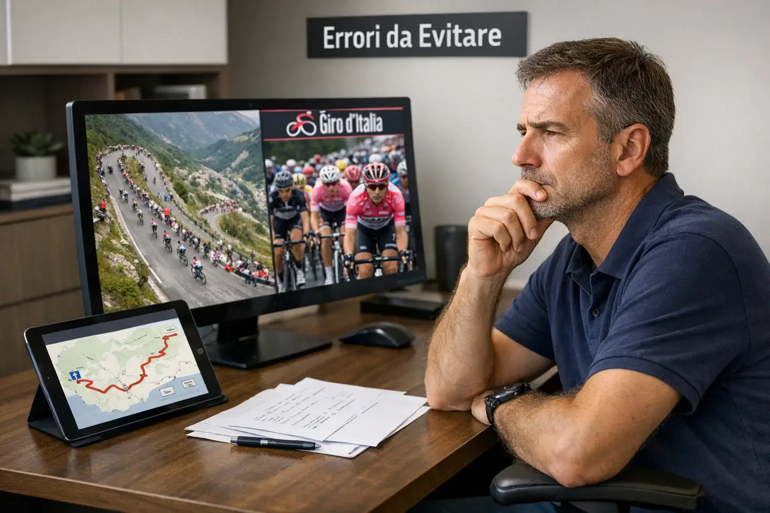 Persona che analizza dati e statistiche ciclistiche al computer per evitare errori nelle scommesse