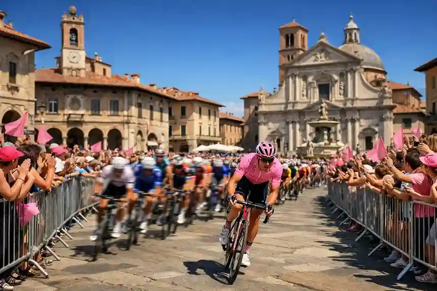 Peloton del Giro d'Italia attraversa una piazza storica italiana