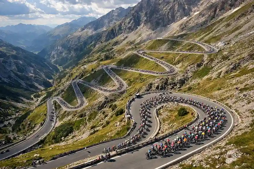 Gruppo di ciclisti in salita su un passo alpino con tornanti