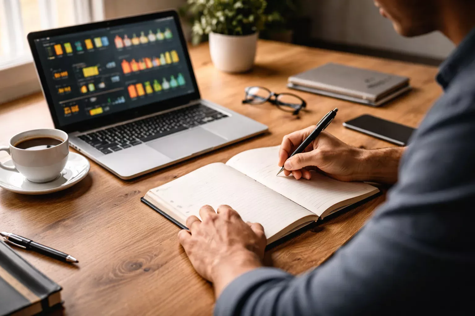 Persona concentrata che prende appunti su un blocco note accanto a un laptop con dati sportivi