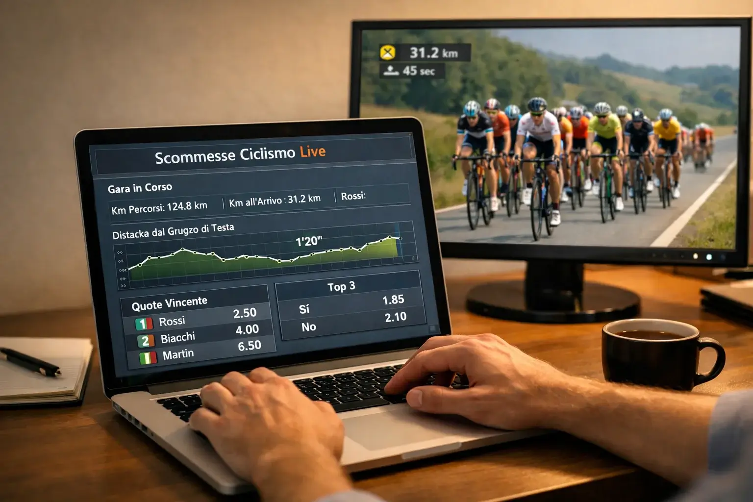 Persona che analizza quote e statistiche delle scommesse live durante una corsa ciclistica su laptop