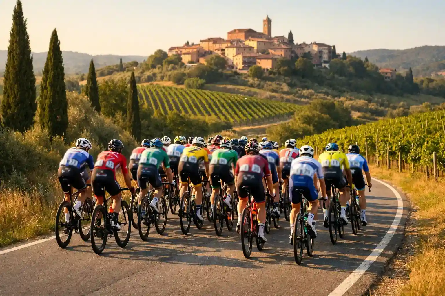 Ciclisti professionisti in gruppo durante una tappa su strada italiana con paesaggio collinare