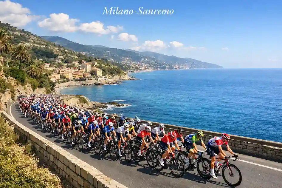 Ciclisti durante la Milano-Sanremo lungo la costa ligure con il Mar Mediterraneo sullo sfondo