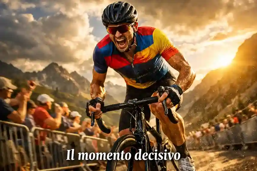 Ciclista in azione durante l'attacco decisivo negli ultimi chilometri di una salita di montagna
