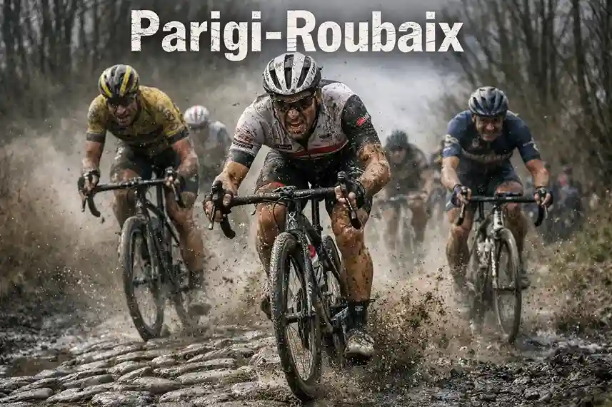 Ciclisti che affrontano i settori di pavé della Parigi-Roubaix nel nord della Francia