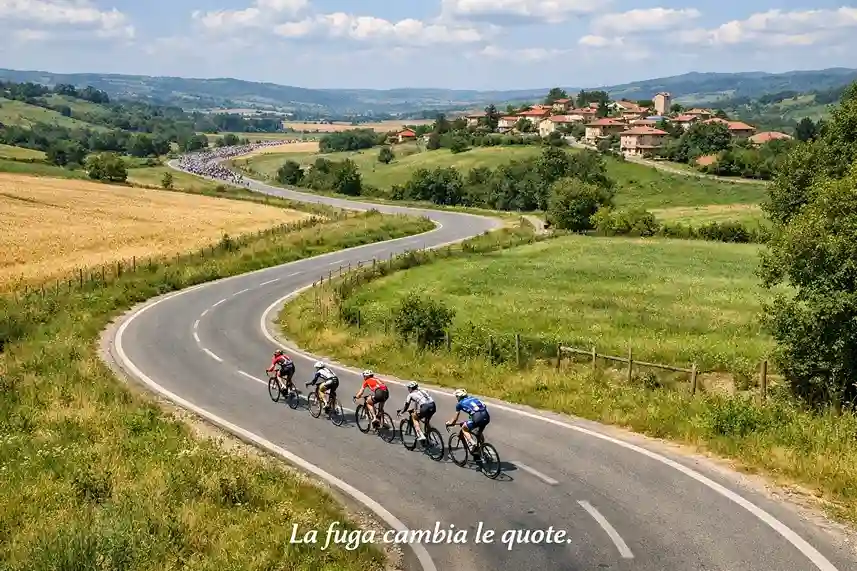 Gruppo di ciclisti in fuga durante una tappa con distacco visibile dal gruppo principale