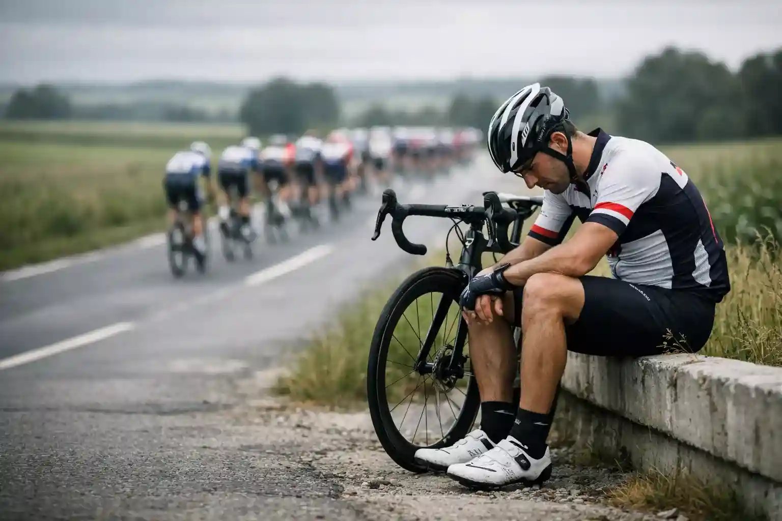 Ciclista fermo a bordo strada con la bicicletta appoggiata al guardrail durante una corsa professionistica