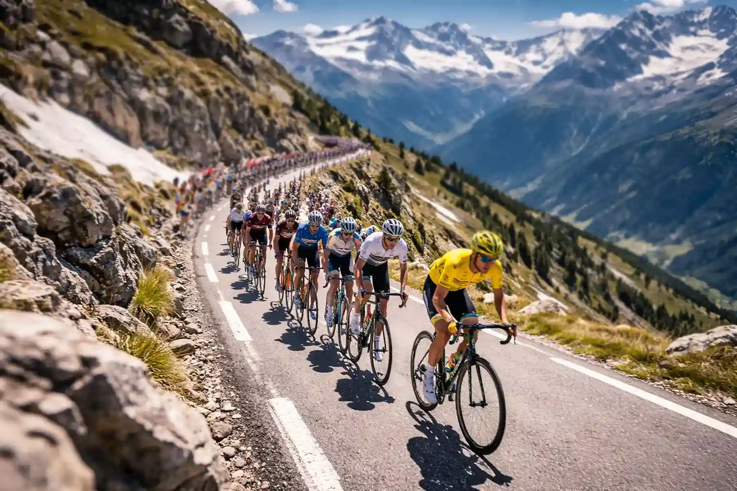 Gruppo di ciclisti professionisti in salita durante una tappa di alta montagna al Tour de France