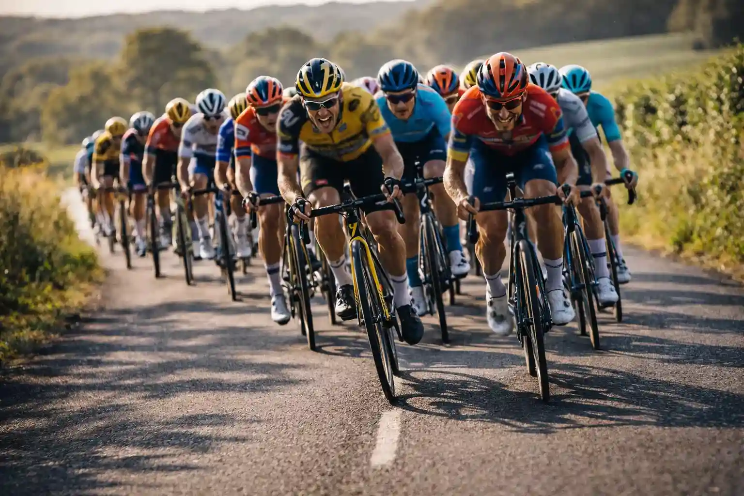 Gruppo di ciclisti professionisti in gara su una strada europea durante una classica monumento