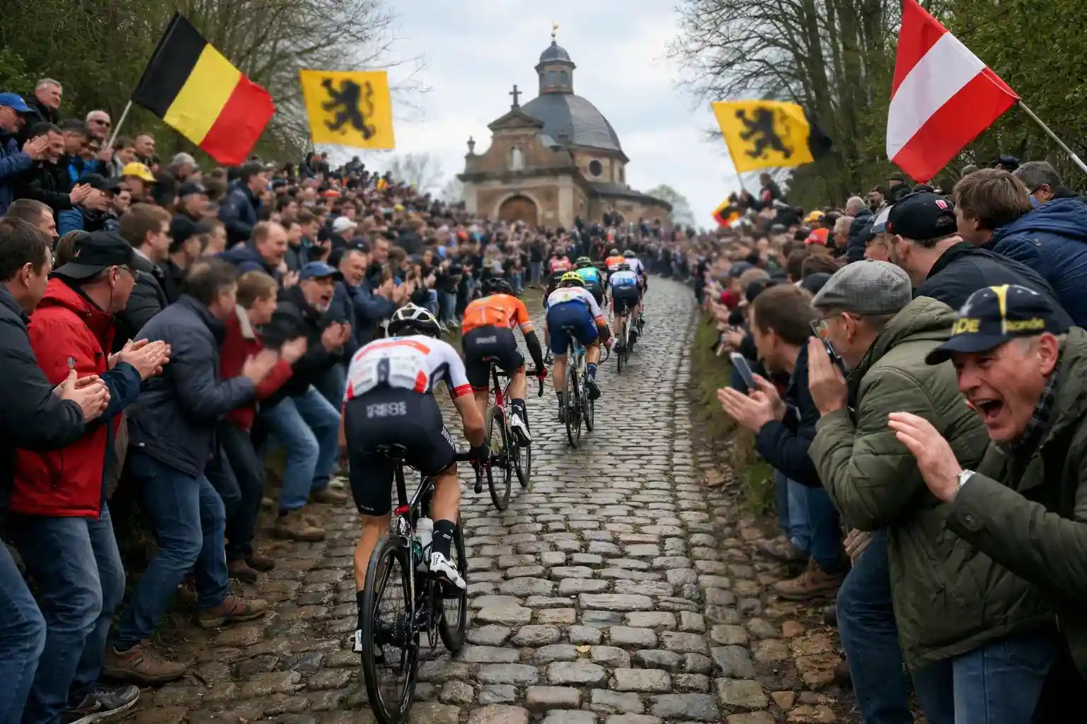 Ciclisti che scalano un muro di pavé nelle Fiandre con tifosi ai lati della strada