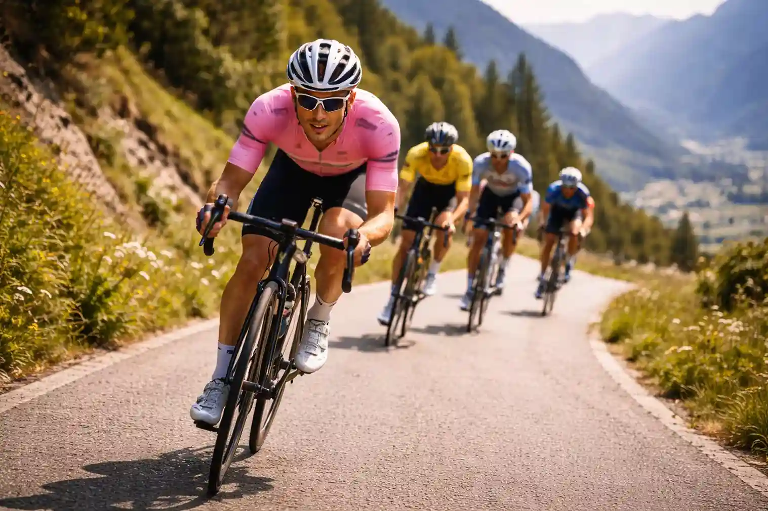 Ciclista con la maglia rosa in testa al gruppo durante una tappa del Giro d'Italia