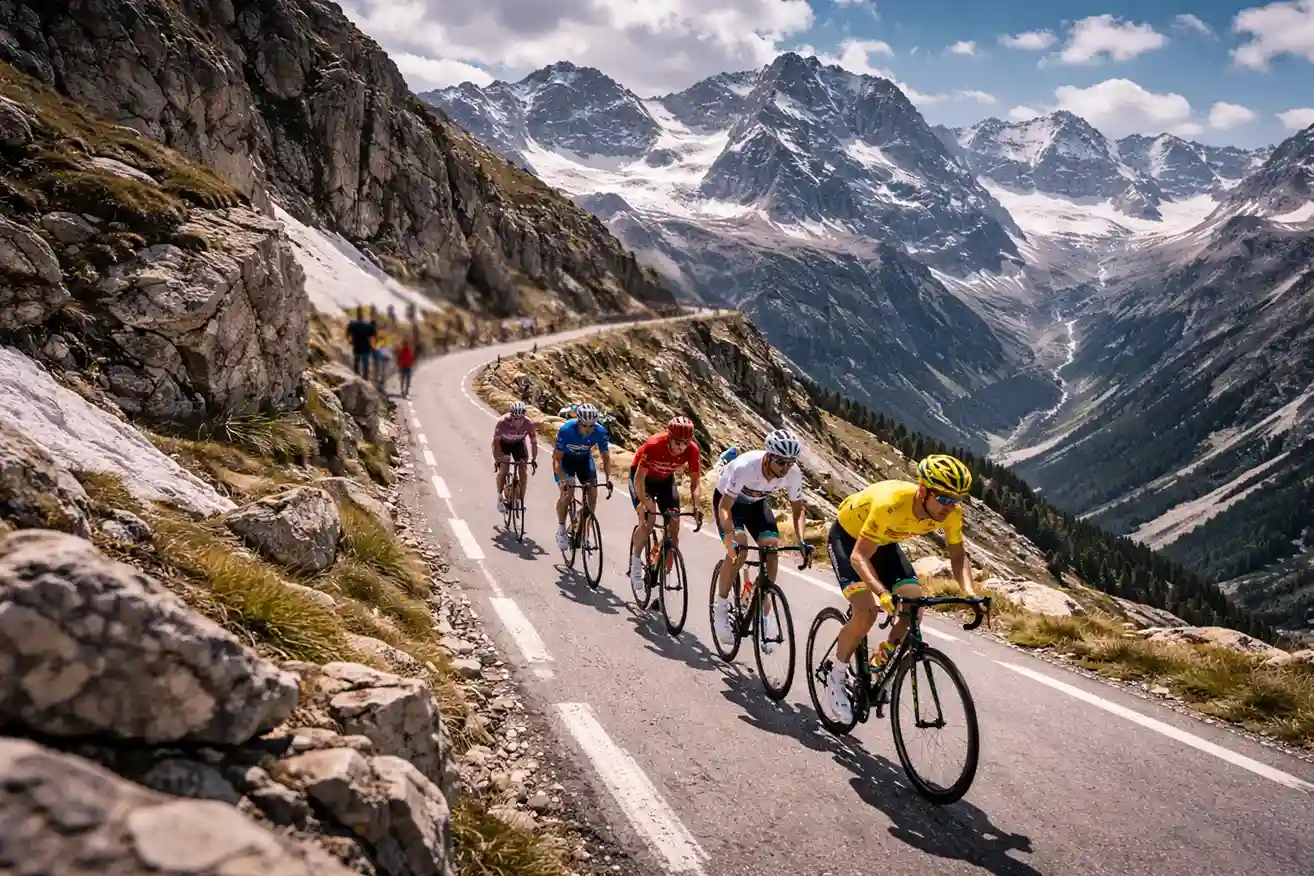 Gruppo di ciclisti che scala un passo dolomitico con le vette innevate sullo sfondo durante il Giro d'Italia