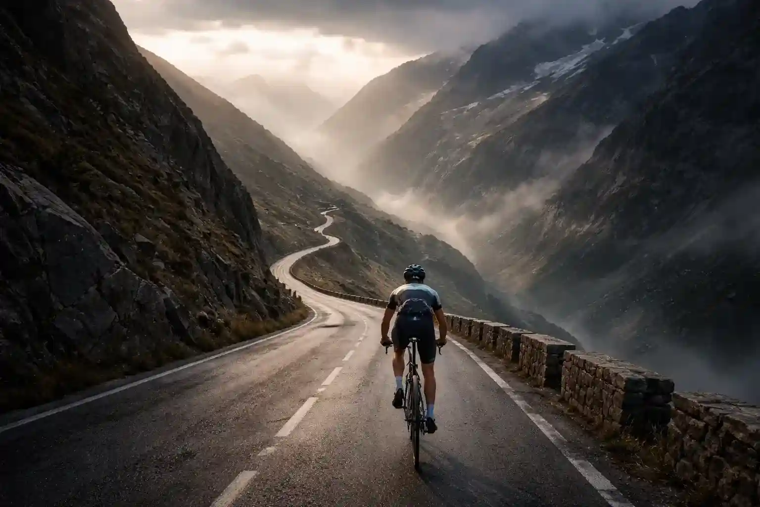 Ciclista solitario in salita su passo di montagna con strada che si perde nella nebbia