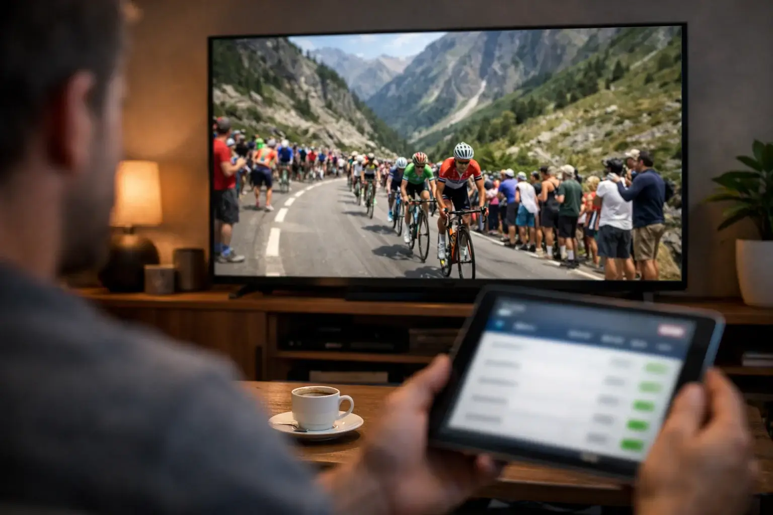 Persona che segue la diretta di una gara ciclistica in TV con tablet per scommesse live