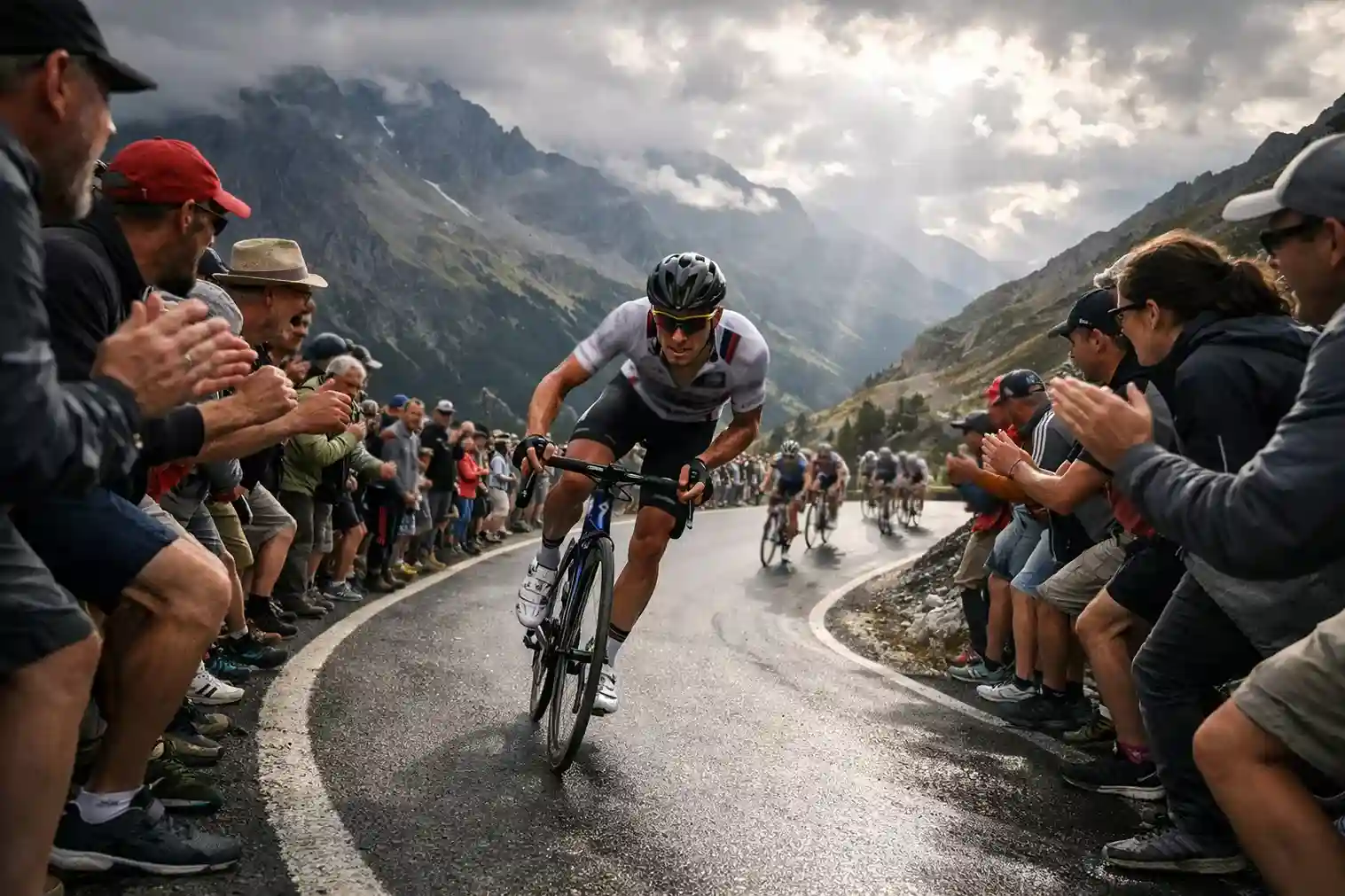 Gruppo di ciclisti in azione durante una tappa di montagna con pubblico lungo la strada