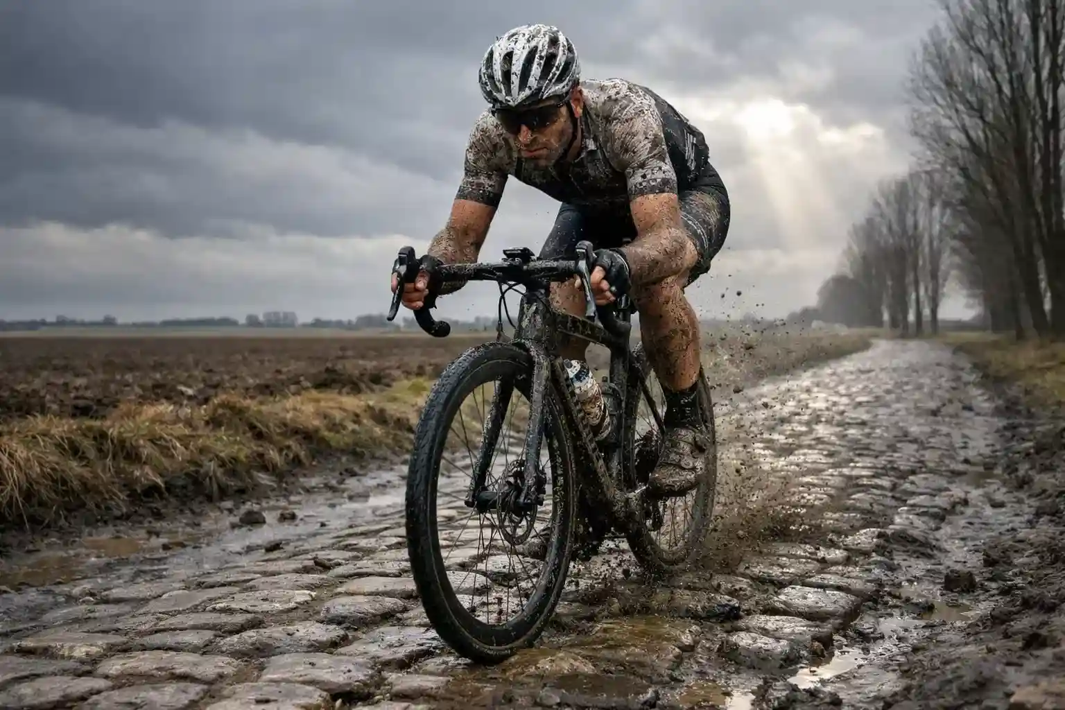 Ciclista che affronta un settore di pavé fangoso durante la Parigi-Roubaix