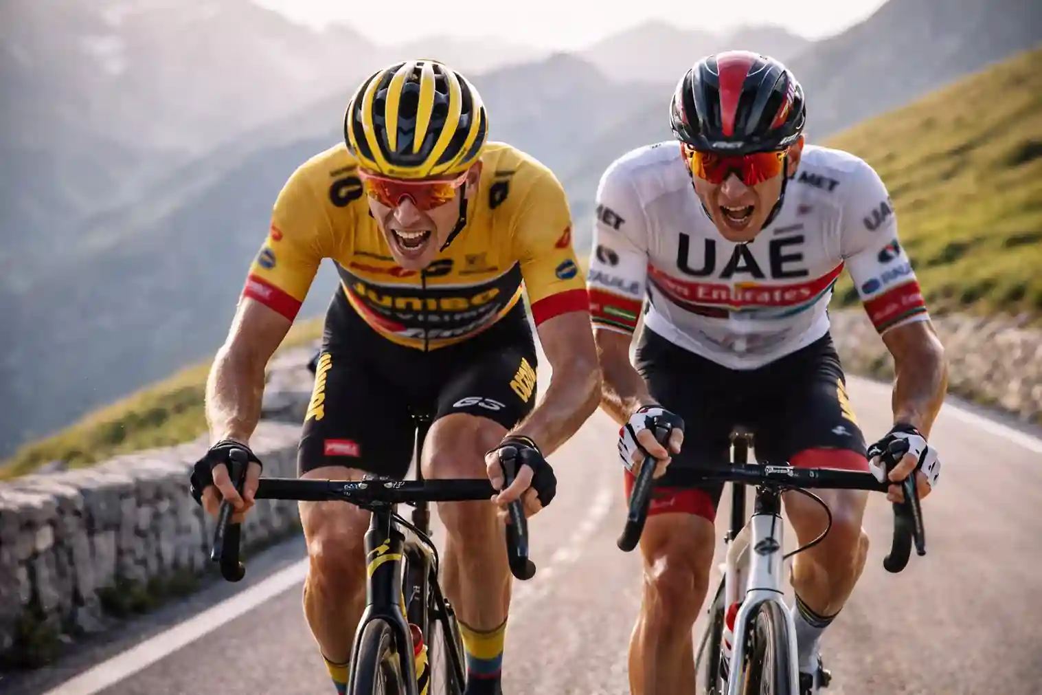 Due ciclisti professionisti che si sfidano fianco a fianco in salita durante una tappa di un grande giro