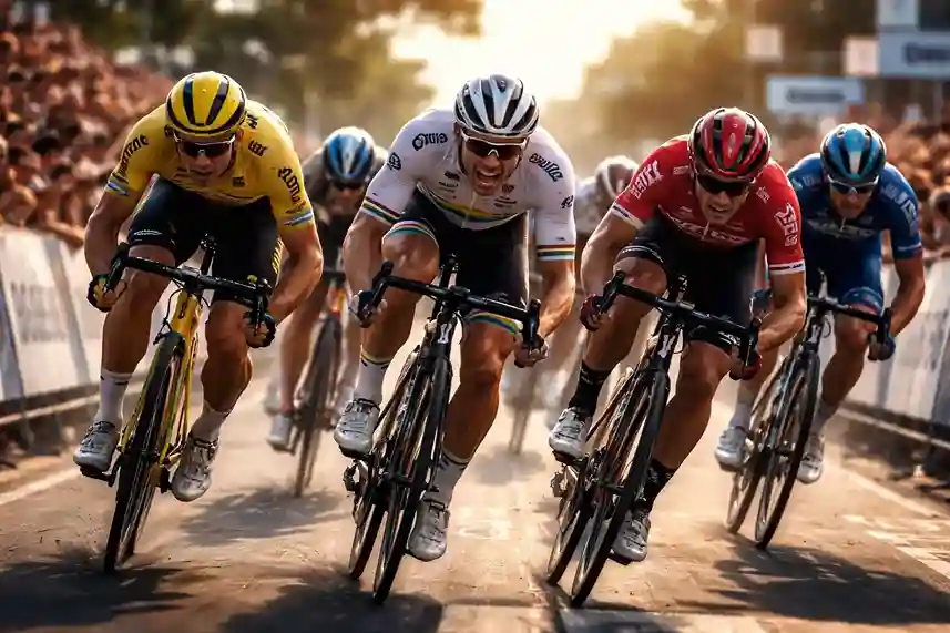 Gruppo di ciclisti in volata finale lottano per la vittoria di tappa