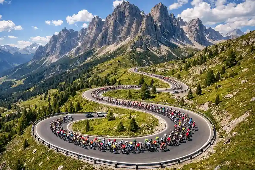 Vista aerea del gruppo di ciclisti nelle Dolomiti italiane durante il Giro d'Italia