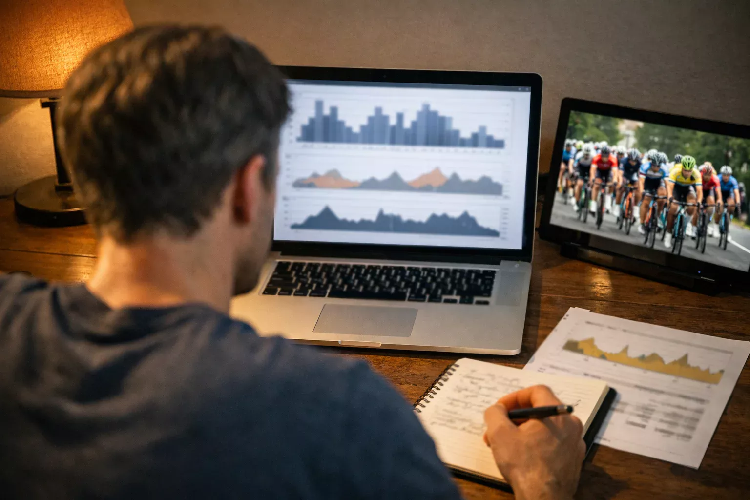 Persona che consulta dati e statistiche ciclistiche su un laptop con grafici e tabelle sullo schermo