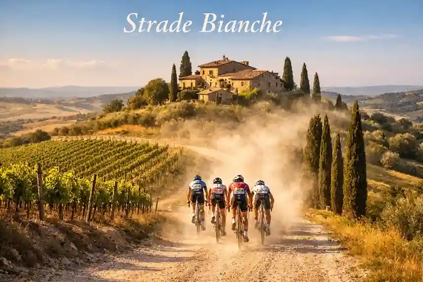 Ciclisti sulle strade bianche della Toscana durante la classica italiana tra le colline del Chianti