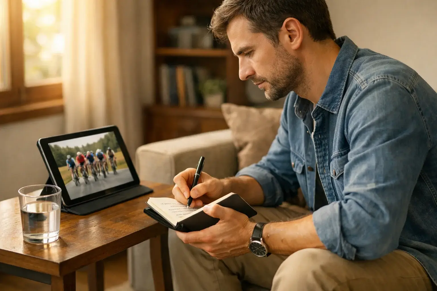 Appassionato che segue la corsa ciclistica su tablet mentre prende appunti per le scommesse