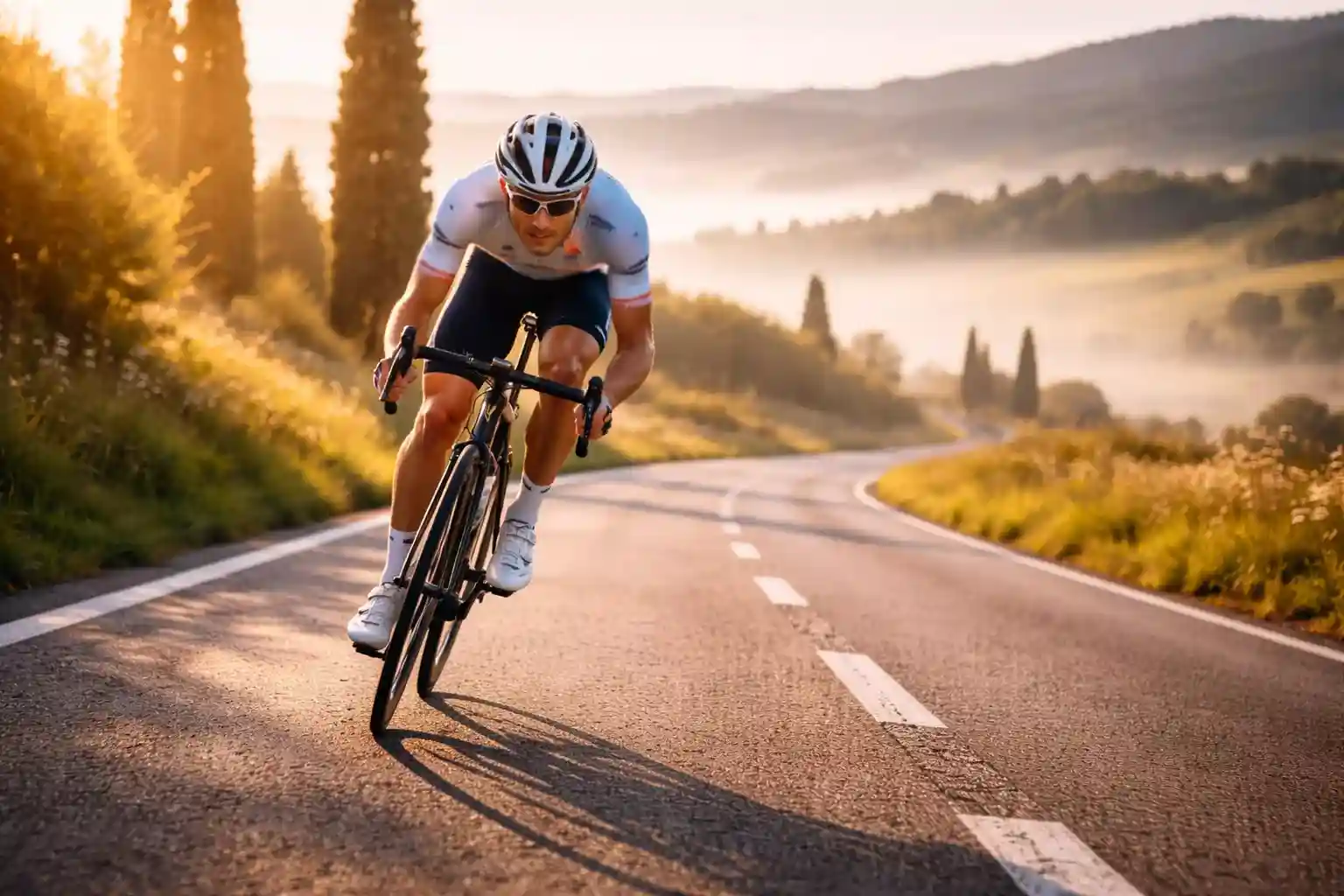 Ciclista professionista in allenamento su strada panoramica con luce dorata del mattino