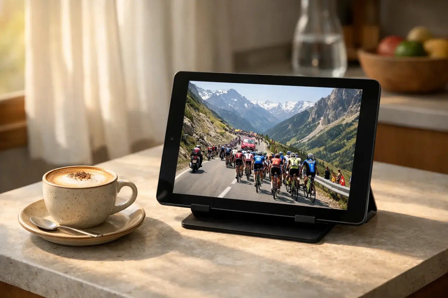 Tablet con streaming di tappa ciclistica di montagna in appartamento italiano moderno