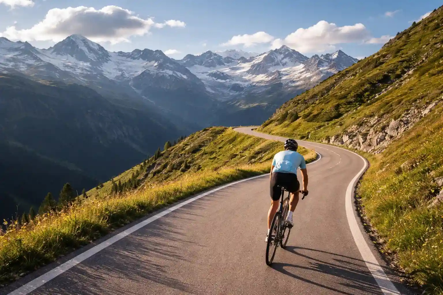 Ciclista solitario in salita su una strada di montagna con tornanti e cime innevate sullo sfondo