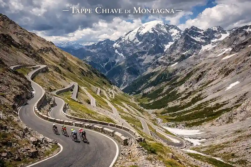 Passo dello Stelvio con i suoi tornanti iconici, una delle tappe montagna decisive del Giro d'Italia