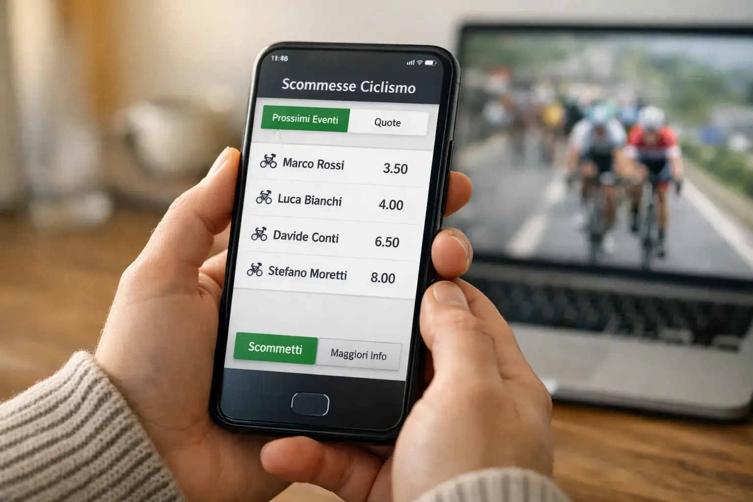 Smartphone con interfaccia scommesse ciclismo e quote disponibili