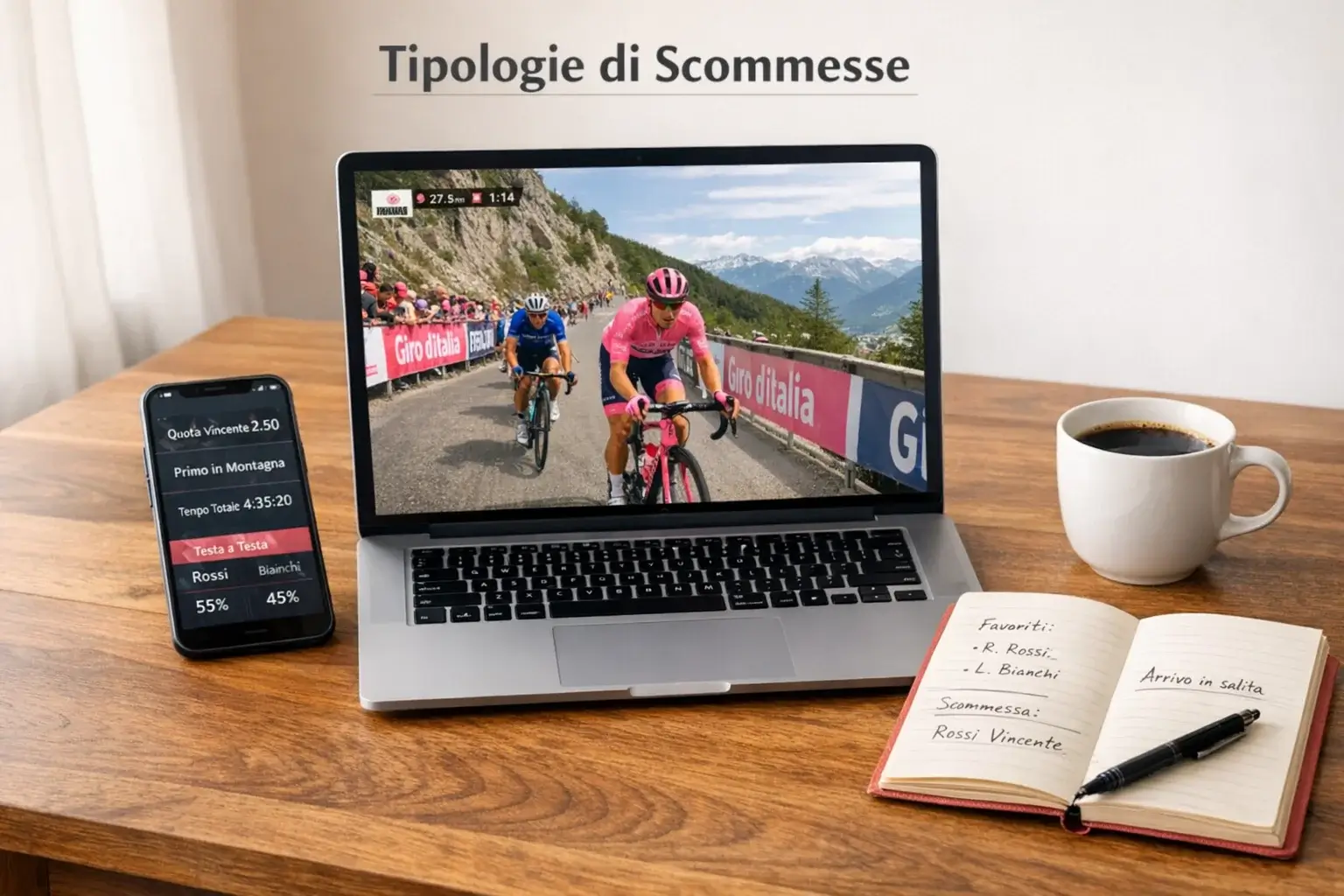 Laptop e smartphone con statistiche ciclistiche per analizzare le tipologie di scommesse sul Giro d'Italia