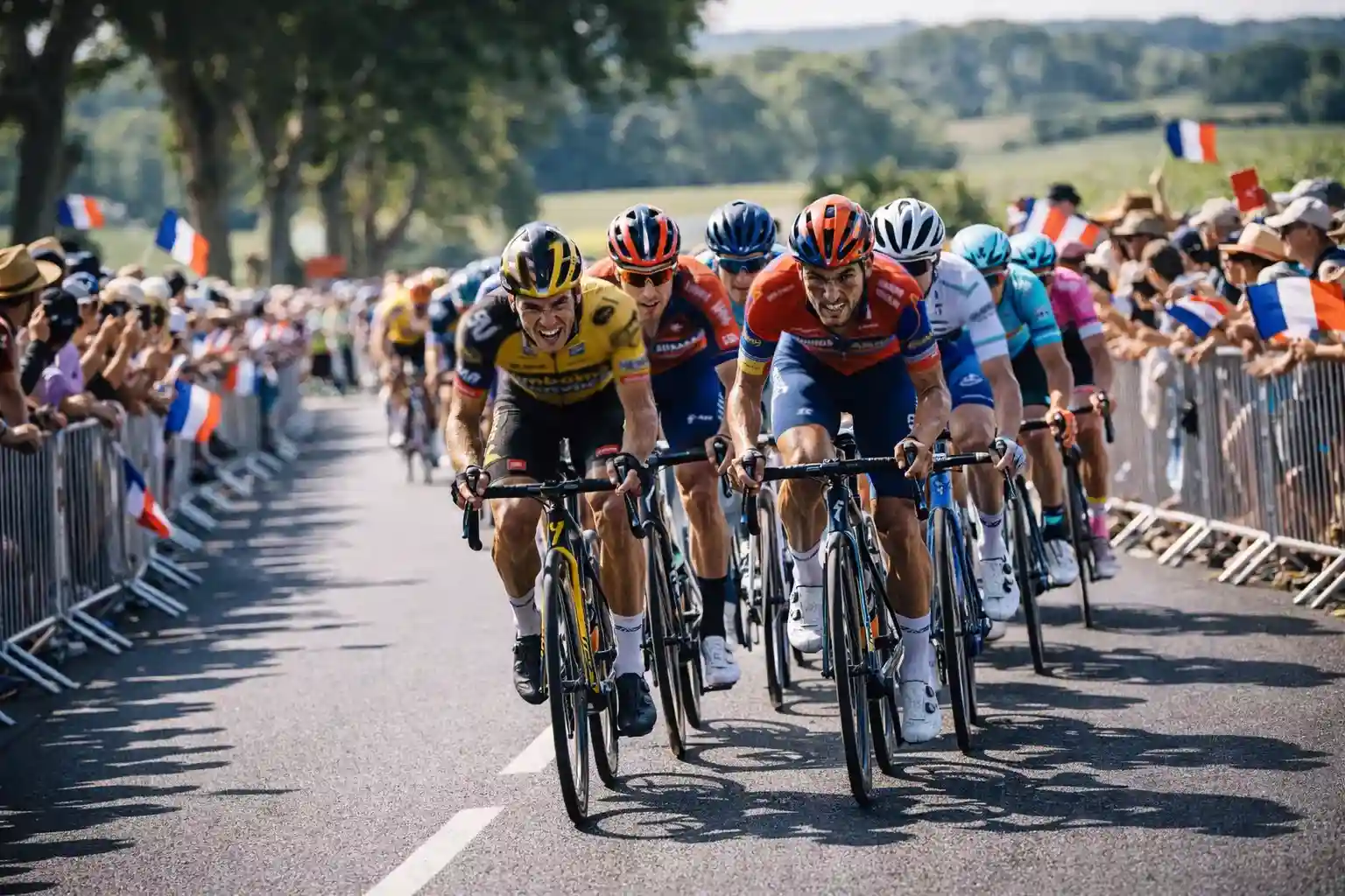 Gruppo di ciclisti professionisti in azione durante una tappa del Tour de France su strada asfaltata
