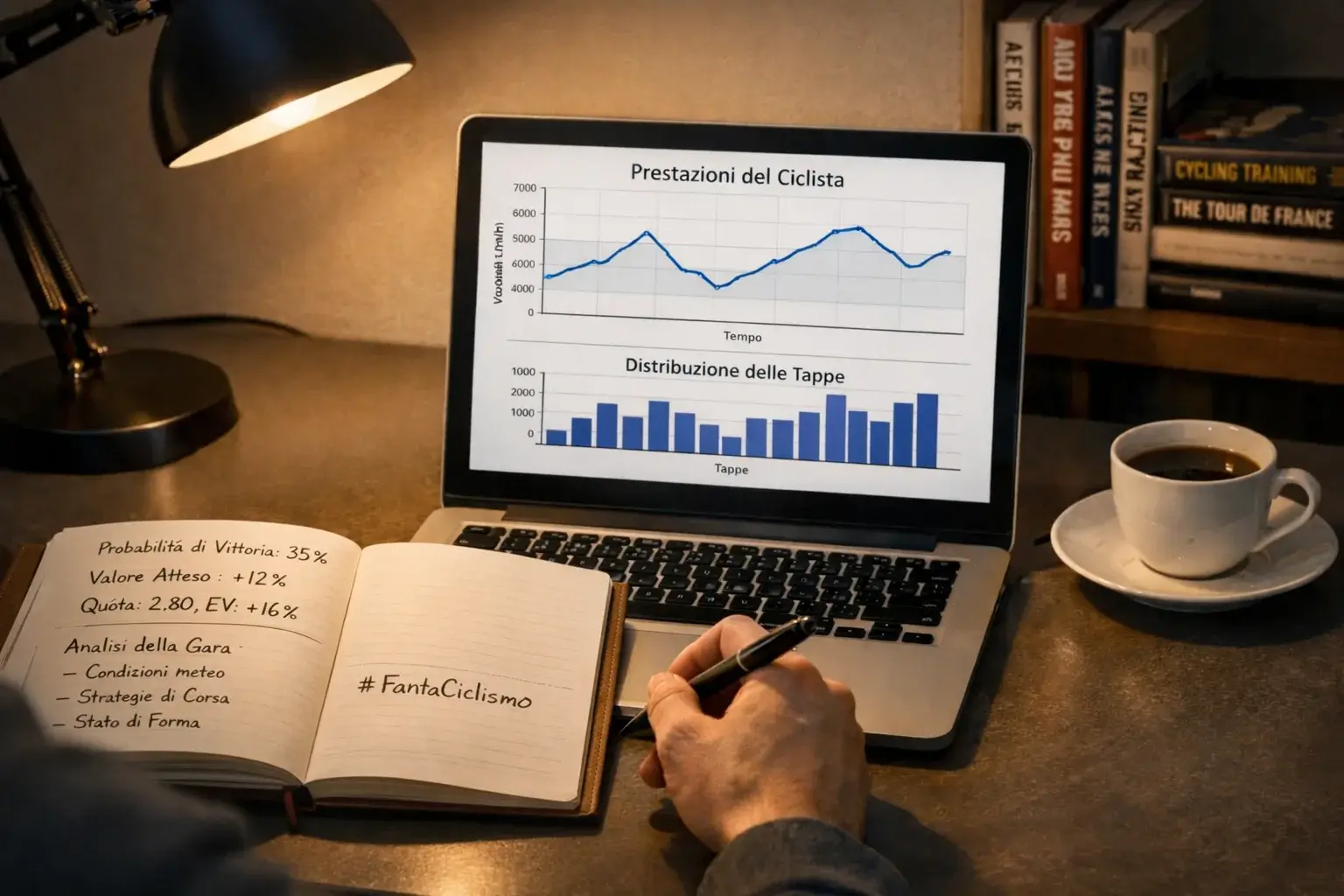 Persona analizza statistiche ciclismo su laptop con quaderno di appunti e grafici