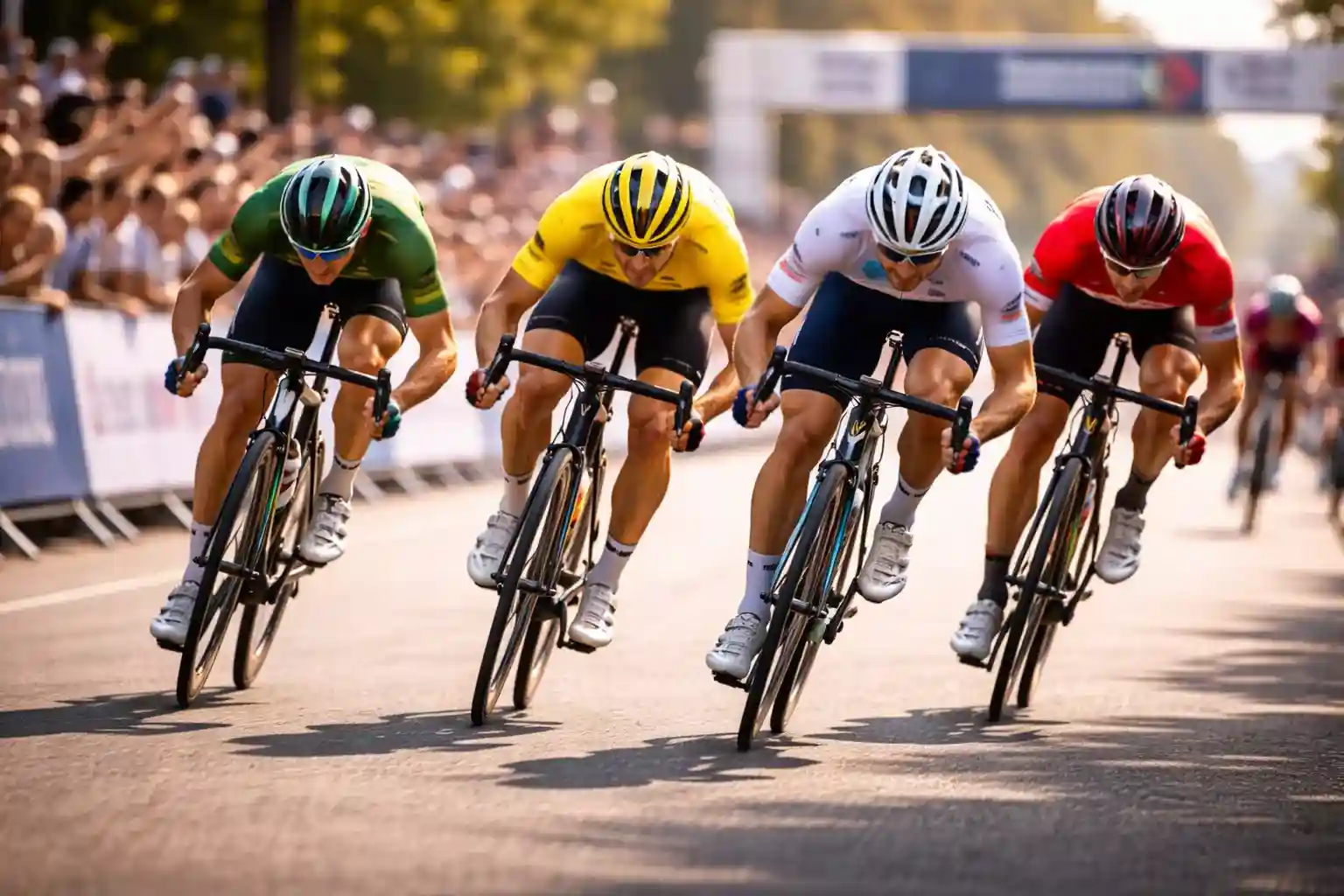 Velocisti del ciclismo professionistico in volata serrata verso il traguardo di una tappa pianeggiante