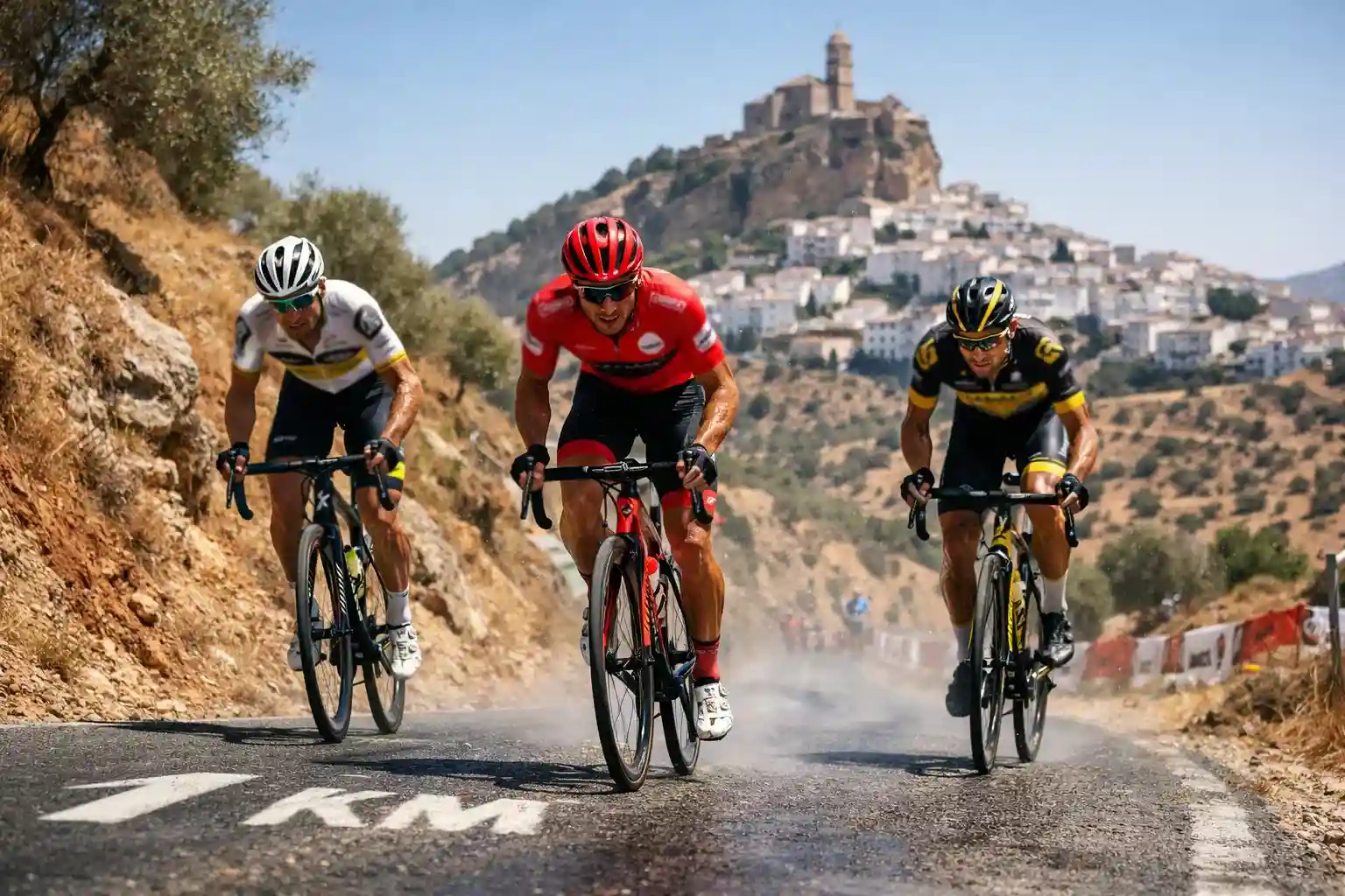 Ciclisti professionisti che affrontano una salita ripida durante la Vuelta a España sotto il sole spagnolo